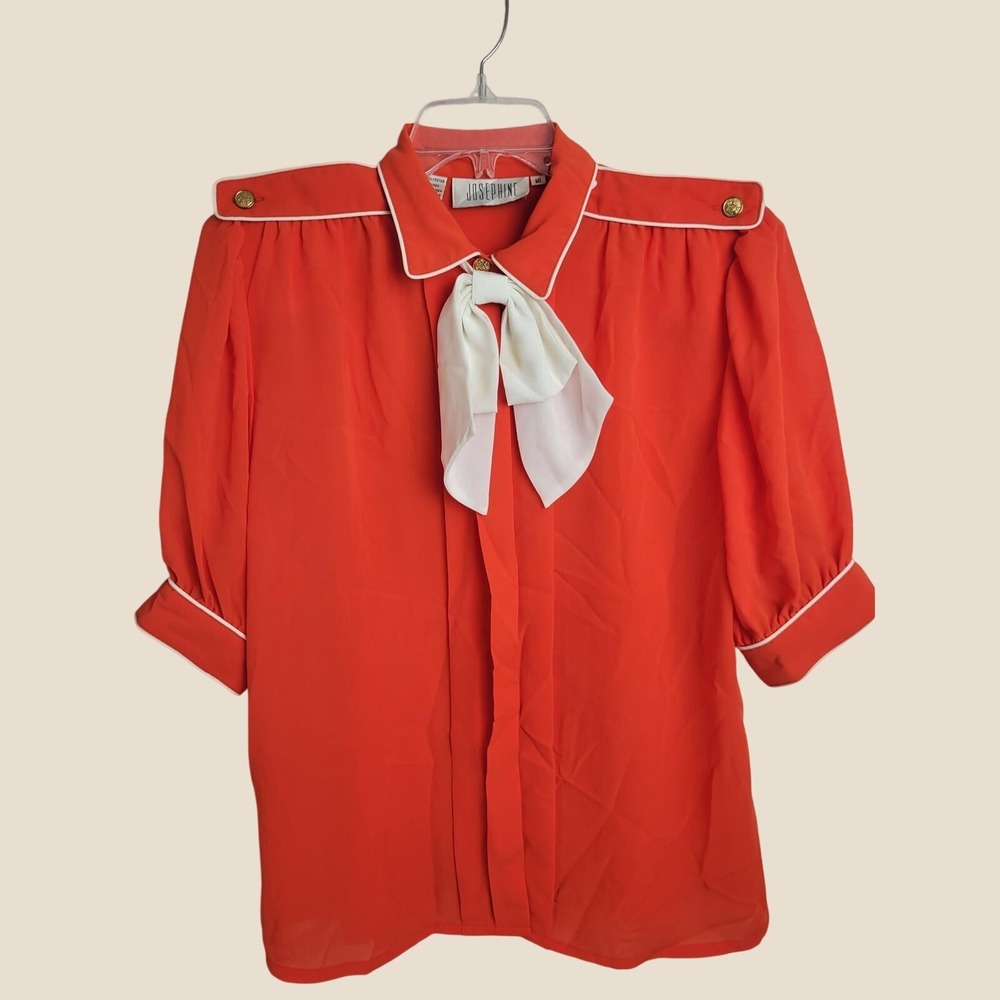 Josephine Blouse Vintage 80s Secretary Bow Neck Epaulette Red White Size 10
